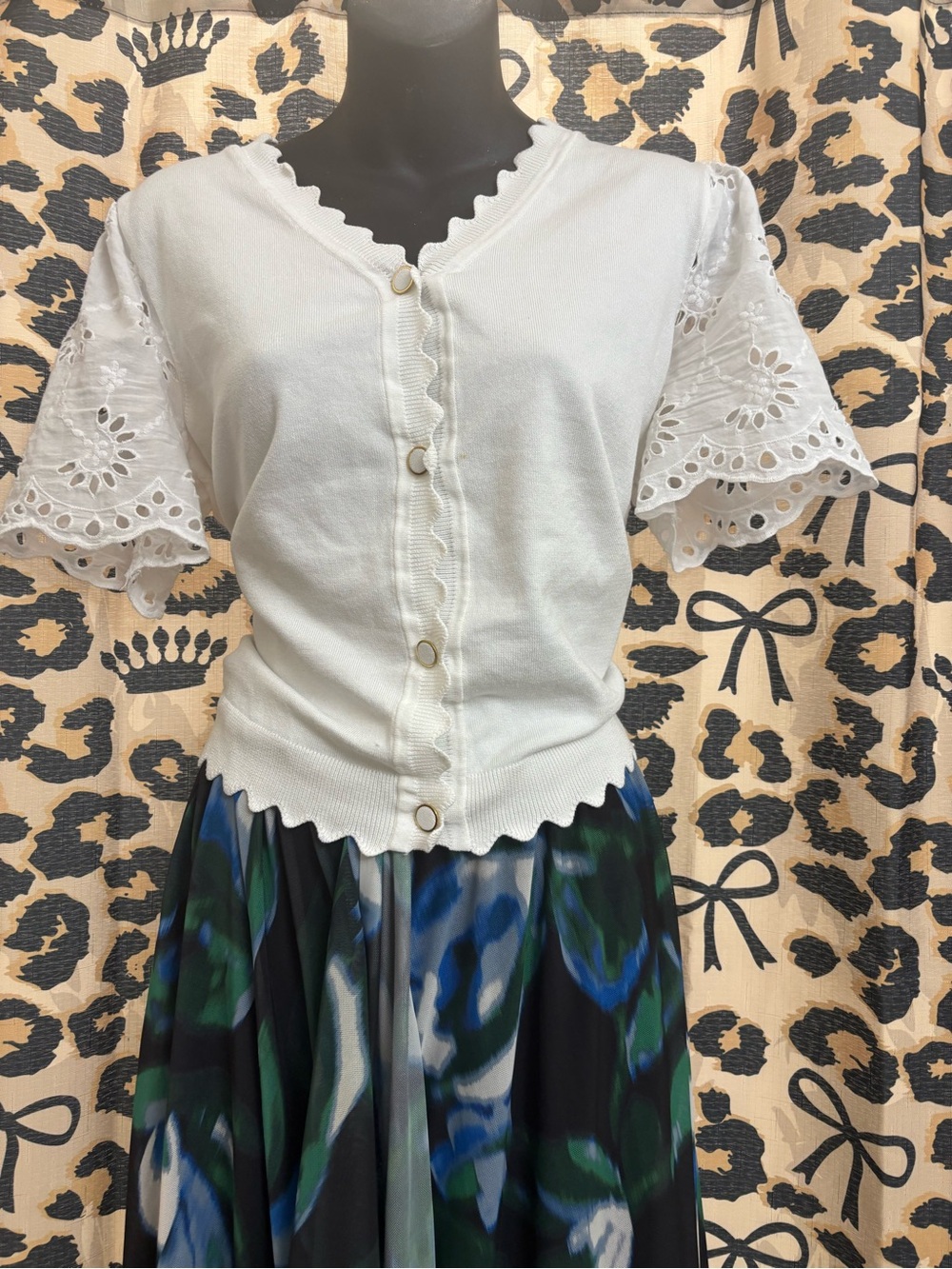 White Eyelet Sleeve Button-Front Women's Top
